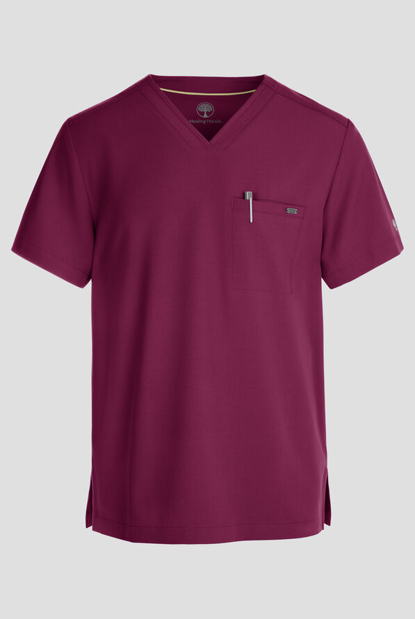 Healing Hands Quest Men's 1-Pocket STRETCH Tuck In V-Neck Scrub Top - Wine - 1