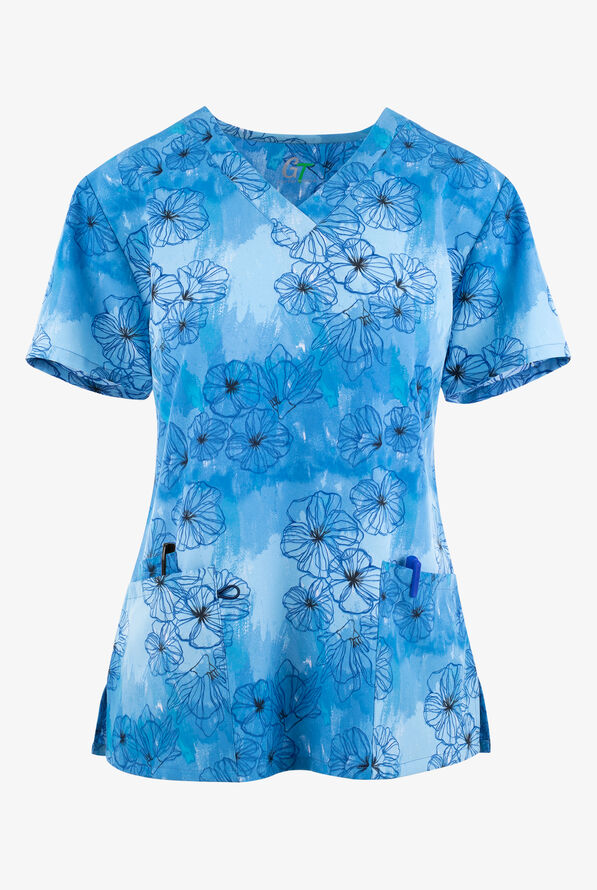 Green Town Water Floral Women's 3-Pocket STRETCH V-Neck Print Scrub Top - null - 1