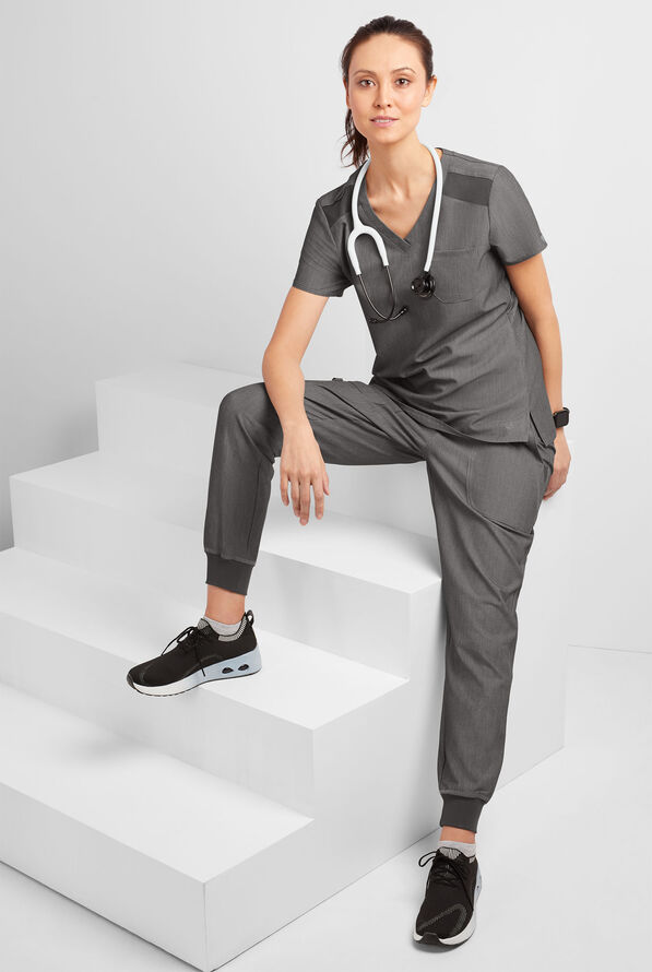 Med Couture Touch Women's 1-Pocket STRETCH Tuck In V-Neck Scrub Top - Slate Heather - 3