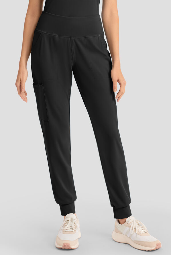 Cherokee Achieve Women's 5-Pocket STRETCH Cargo Jogger Knit Scrub Pants - Petite - Black - 1