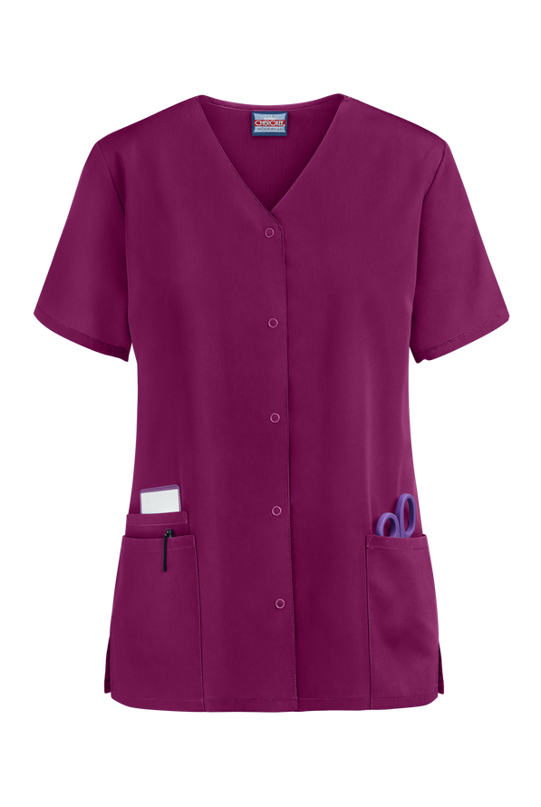 Cherokee Workwear Women's 3-Pocket Snap Front Scrub Top - Wine - 1