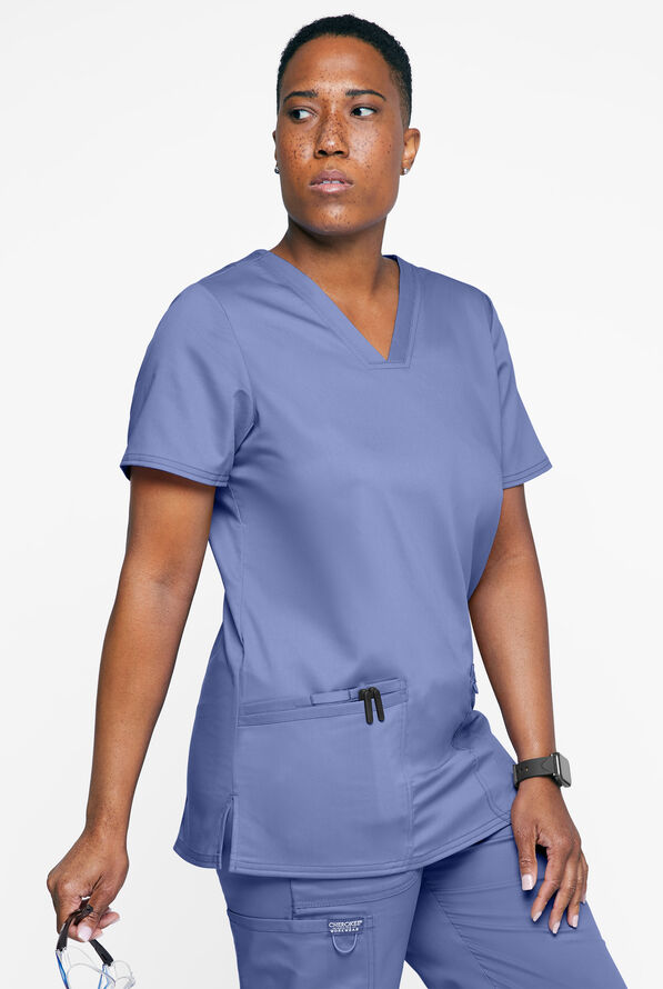 Cherokee Workwear Revolution Women's 3-Pocket STRETCH V-Neck Scrub Top - Ceil Blue - 2