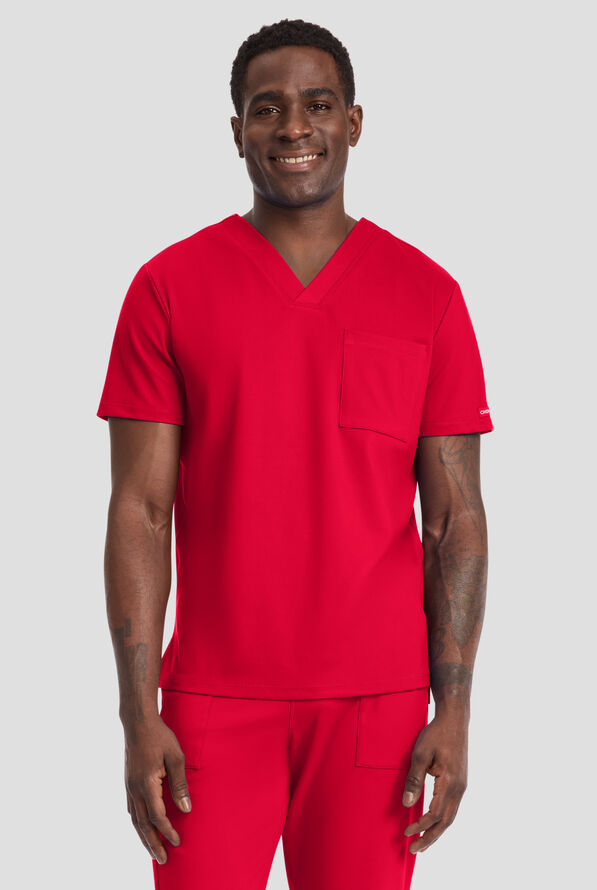 Cherokee Achieve Men's 1-Pocket STRETCH V-Neck Knit Scrub Top - Red - 2