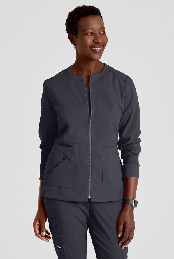 Grey's Anatomy by Barco Spandex STRETCH Millie Women's 3-Pocket Zip Front Warm Up Scrub Jacket - Steel Gray - 2