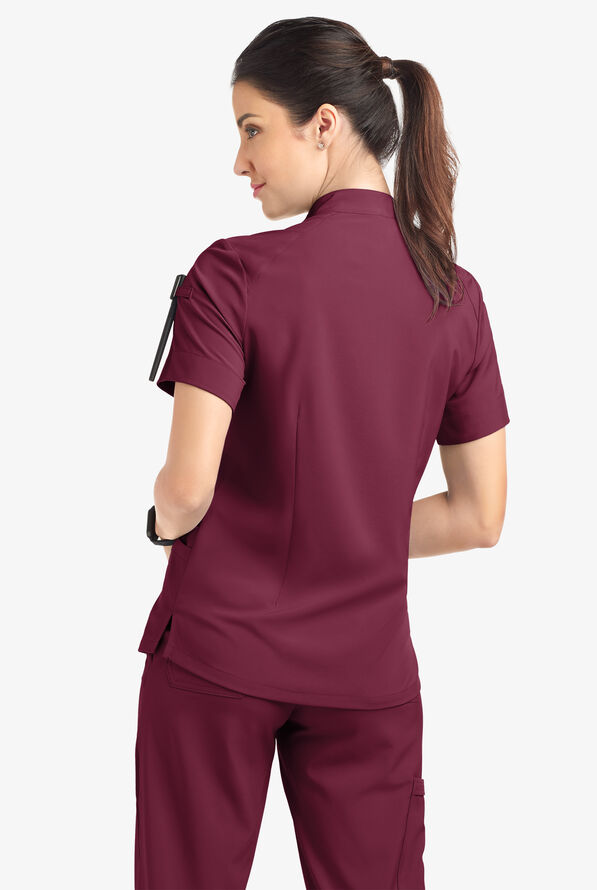 Easy STRETCH Jen Women's 4-Pocket Zip-Neck Short Sleeve Scrub Top - Wine - 4