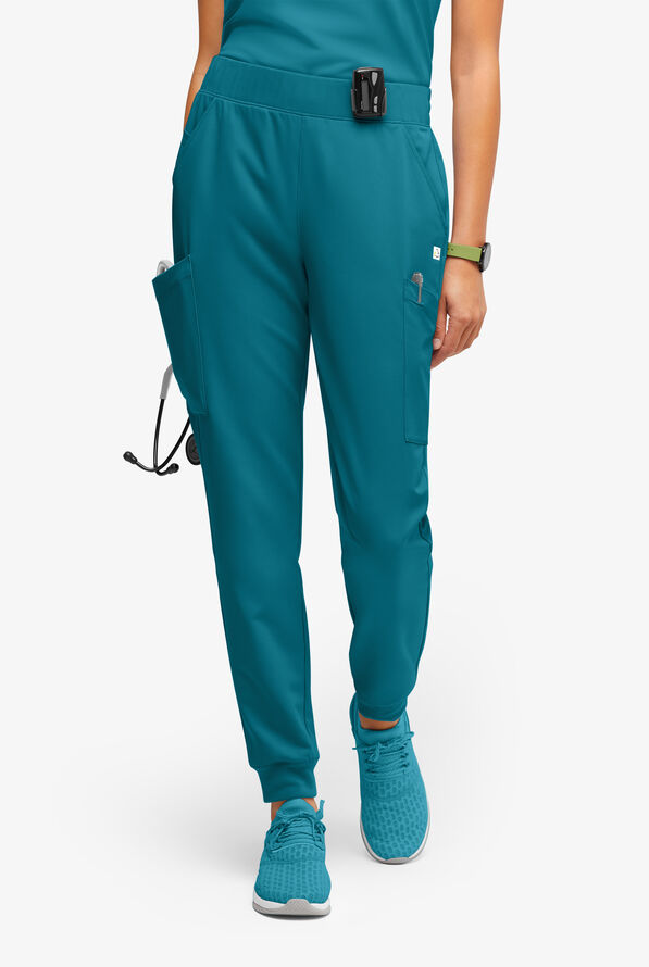 Pantalón médico ReSurge Amber Petite estilo jogger con piernas pitillo y 7 bolsillos para mujer - Caribbean Blue - 1
