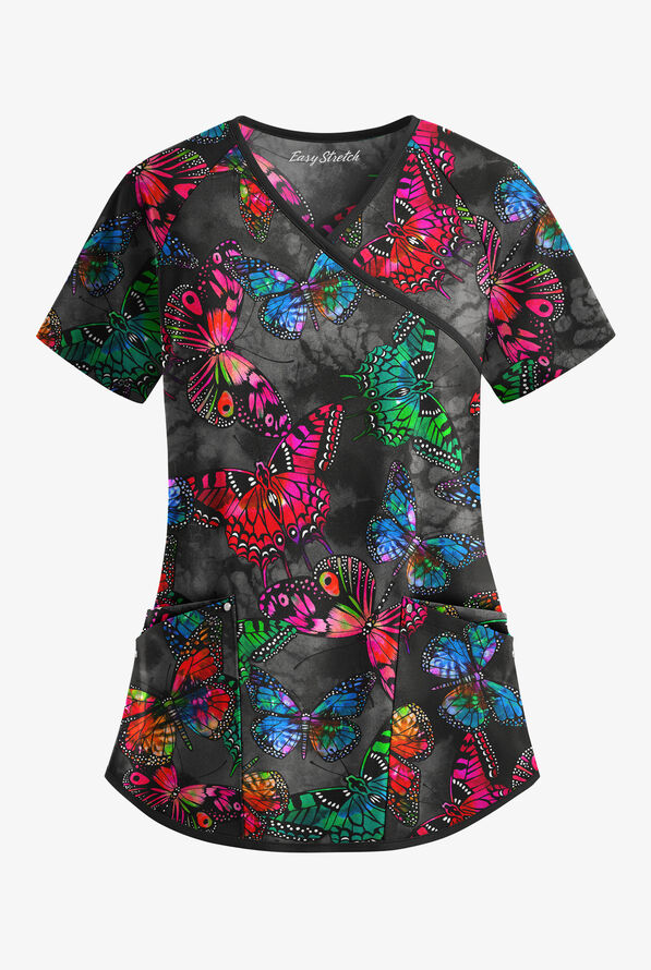 Easy STRETCH Butterfly Oasis Onyx Women's 4-Pocket Raglan Print Scrub Top - null - 1