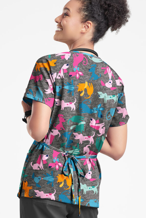 Happy Scrubs Paw Friends Pewter Women's 3-Pocket Mock Wrap With Ties Print Scrub Top - null - 3
