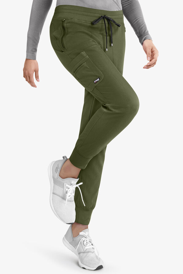 Grey's Anatomy by Barco Spandex STRETCH Eden Women's 5-Pocket Cargo Jogger Scrub Pants - Petite - Olive - 4