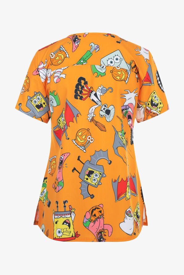 Sponge Bob Halloween by Funscrubs Women's 2-Pocket STRETCH V-Neck Print Scrub Top - null - 2
