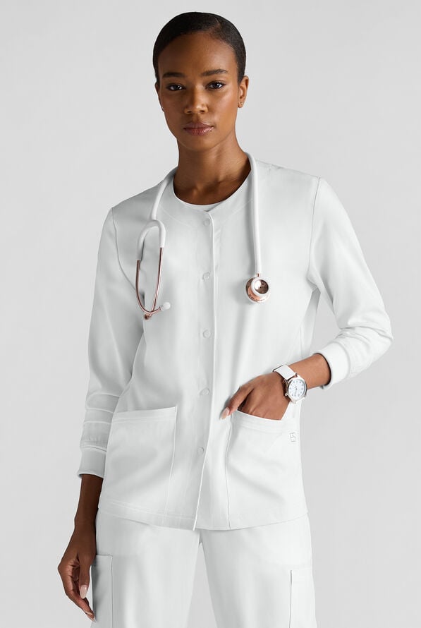 Easy STRETCH Rachel Women's 3-Pocket Snap Front Scrub Jacket - White - 1