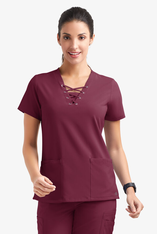 Easy STRETCH Gisele Women's 4-Pocket Lace Up V-Neck Scrub Top - Wine - 2