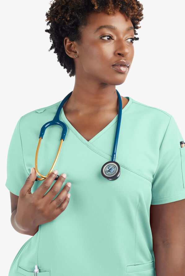 Butter-Soft Women's 5-Pockets Faux Wrap Scrub Top **Slightly IRREGULAR** - Beachside Blue - 5