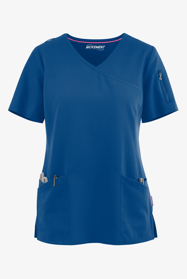 MOVEMENT by Butter-Soft Capella Women's 5-Pocket Faux Wrap STRETCH Scrub Top - Royal - 1
