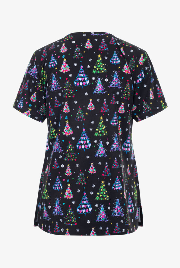 Green Town Christmas Tree Hearts Women's 3-Pocket STRETCH V-Neck Print Scrub Top - null - 2