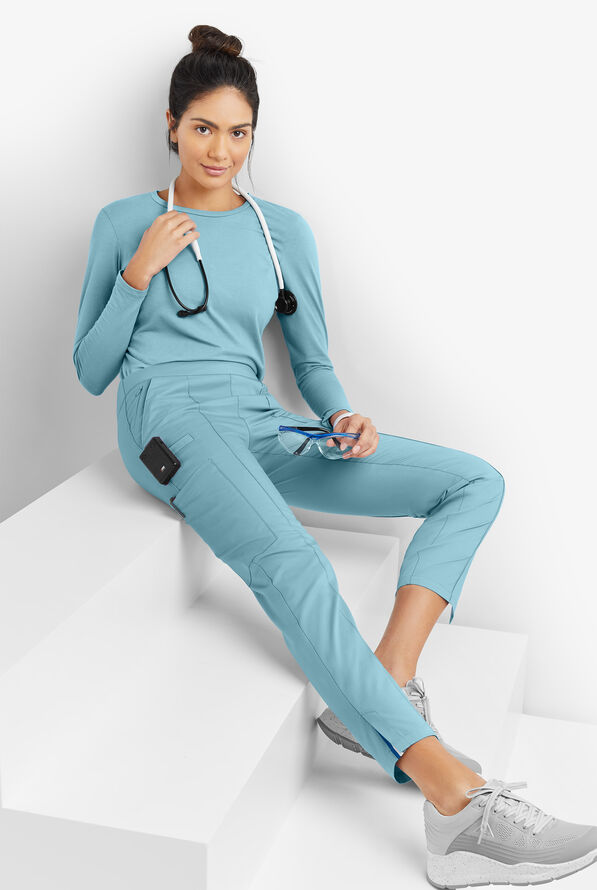 Butter-Soft STRETCH Women's 6-Pocket Pin-Tuck Crop Slim with Sport Trim Detail Scrub Pants - Dew Drop/Silver Melange - 8