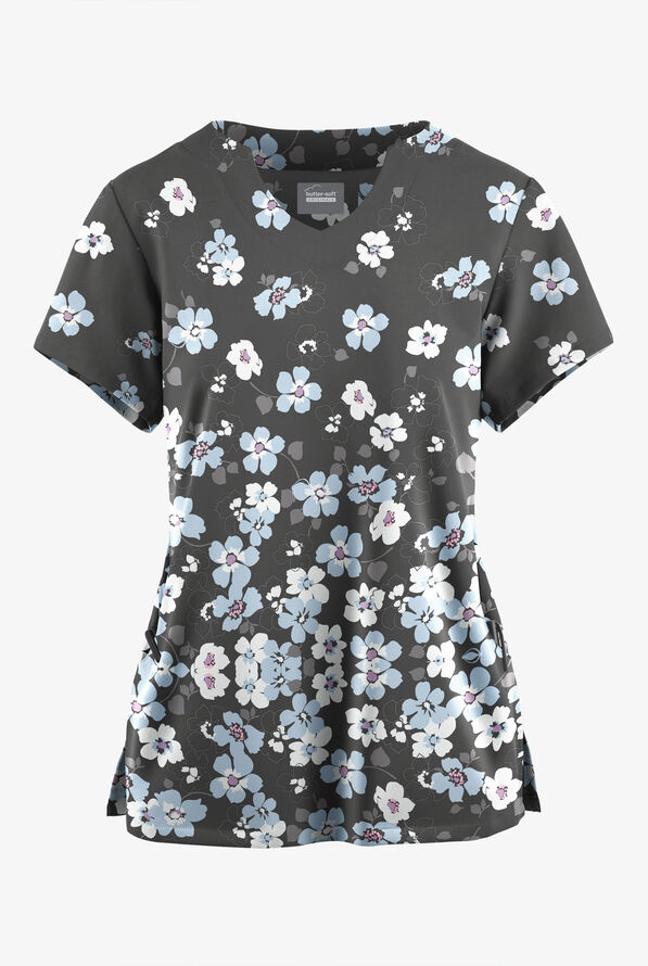 Butter-Soft Originals Boho Floral Pewter Women's 2-Pocket Scallop Neck Print Scrub Top - null - 1