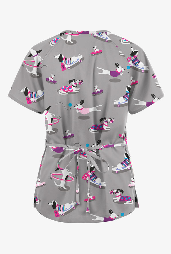 Butter-Soft Originals Playful Dachshunds Women's 3-Pocket Mock Wrap with Ties Print Scrub Top - null - 2