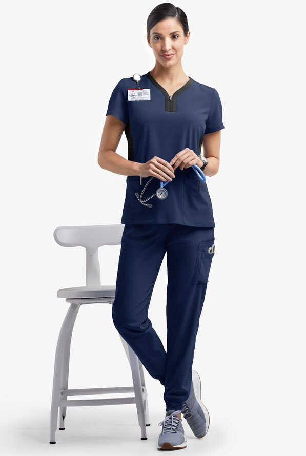 Easy STRETCH Lily Women's 4-Pocket Zip Neck Henley Scrub Top - Navy/Black - 2