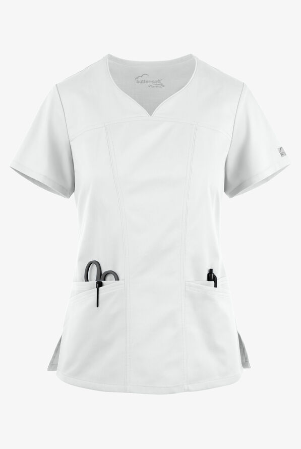 Blusa médica UA Butter-Soft STRETCH con escote corazón y 4 bolsillos para mujer - White - 1