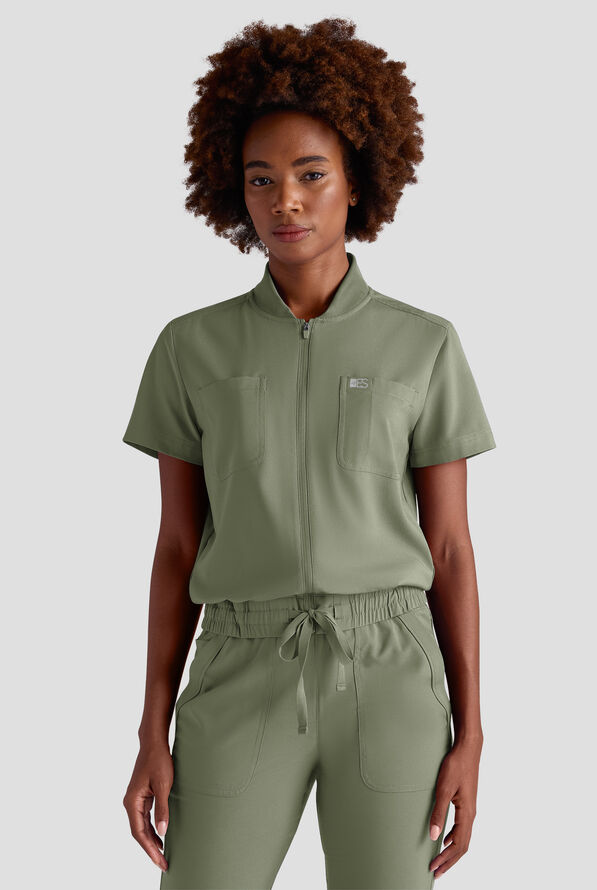 Easy STRETCH Nika Women's Zip Front Short Sleeve Jacket - Olive Leaf - 1