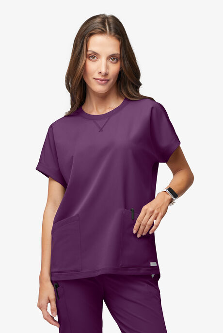 Blusa médica ReSurge con cuello redondeado y mangas dolmán para mujer