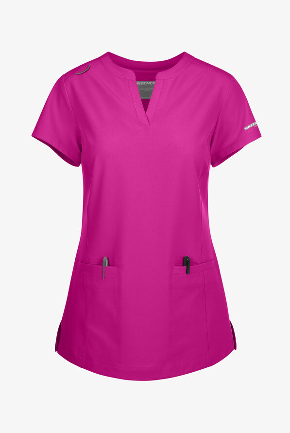 Skechers by Barco Coast Women's 2-Pocket STRETCH Banded Collar V-Placket Scrub Top - Autumn Berry - 1