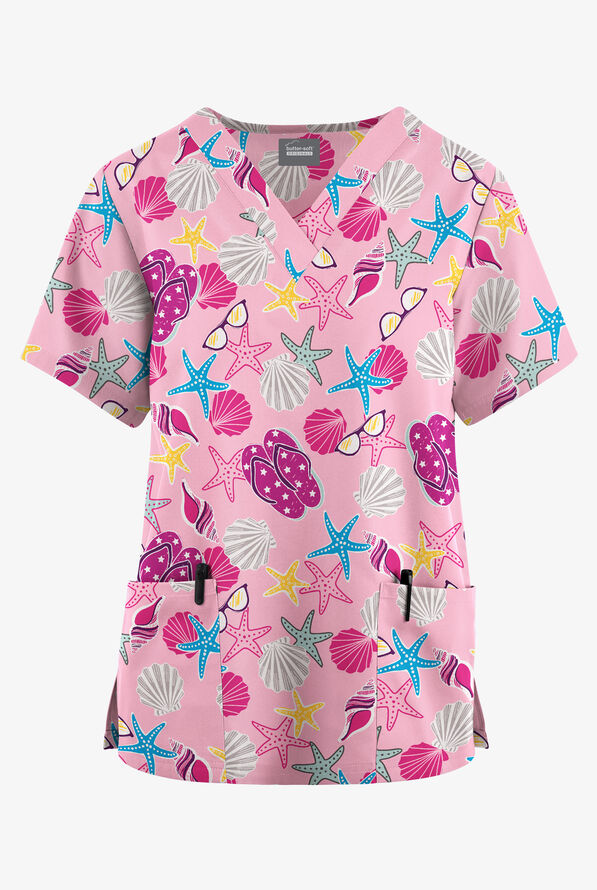 Butter-Soft Originals Walk On The Beach Blush Women's 2-Pocket V-Neck Print Scrub Top - null - 1