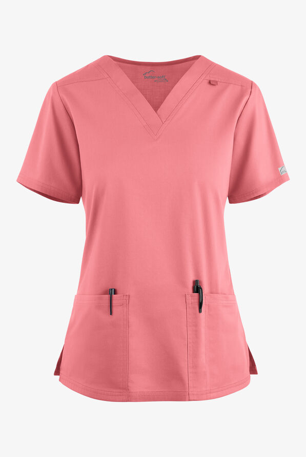 Butter-Soft STRETCH Women's 4-Pocket V-Neck Scrub Top - Guava Fizz - 1