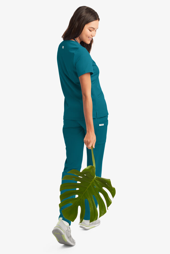 Butter-Soft Women's 5-Pockets Faux Wrap Scrub Top **Slightly IRREGULAR** - Caribbean Blue - 4