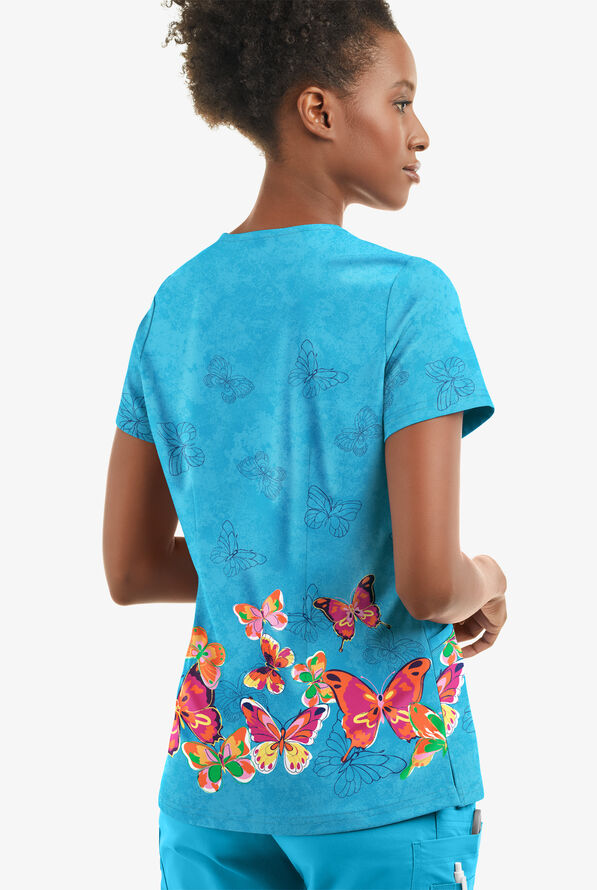 UA Happy Scrubs STRETCH Butterfly Border Turquoise Women's 2-Pocket V-Neck Print Scrub Top - null - 2