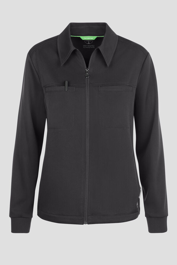 HH Works by Healing Hands Women's 7-Pocket STRETCH Shirt Collar Zip Front Scrub Jacket - Pewter - 1