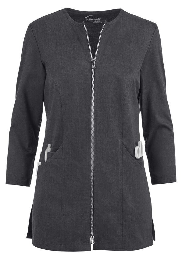 Butter-Soft STRETCH Women's 4-Pocket Jewel Neck Consultation Scrub Lab Coat - Heather Charcoal - 1