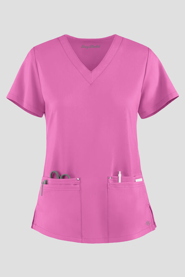 Easy STRETCH Lina Mitered Women's 4-Pocket V-Neck Scrub Top - Magnesium Pink - 1