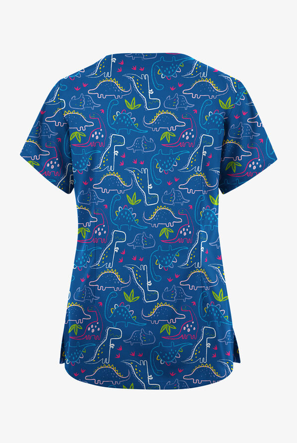 Happy Scrubs Dino Park Royal Women's 6-Pocket Scallop Neck Print Scrub Top - null - 2
