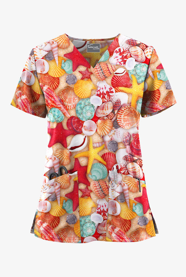 Blusa médica estampada UA Butter-Soft STRETCH Ocean Finds Warm Sun con cuello en V y 2 bolsillos para mujer - null - 1