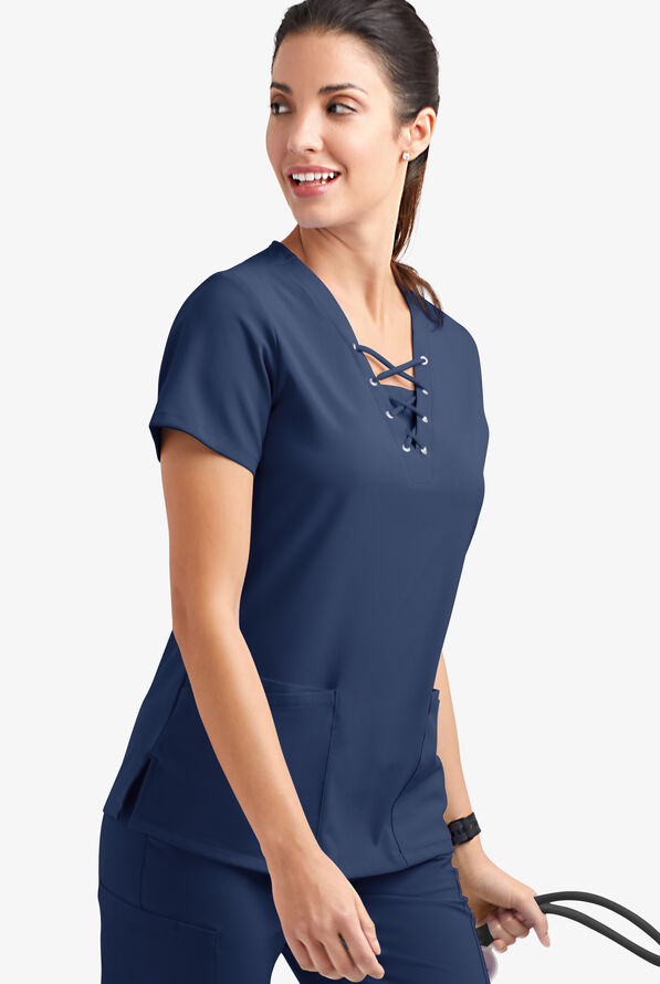 Blusa m&eacute;dica Easy STRETCH Gisele con cordones en el cuello en V y 4 bolsillos para mujer - Navy - 3