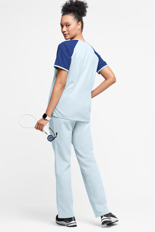 Butter-Soft Originals Women's 3-Pocket Keyhole Neck Tri-Colorblock Scrub Top - Morning Dew/Galaxy/Navy - 4