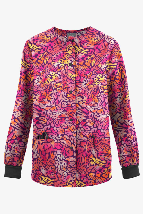 Butter-Soft Originals Leopard Wave Eggplant Women's 3-Pocket Snap Front Print Scrub Jacket - null - 1