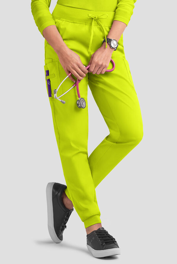 Butter-Soft STRETCH Women's 5-Pocket Cargo Jogger Scrub Pants - Lime Crush - 1