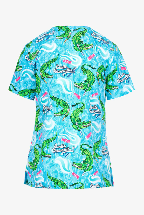 Cherokee Smile Crocodile Women's 2-Pocket STRETCH V-Neck Print Scrub Top - null - 2