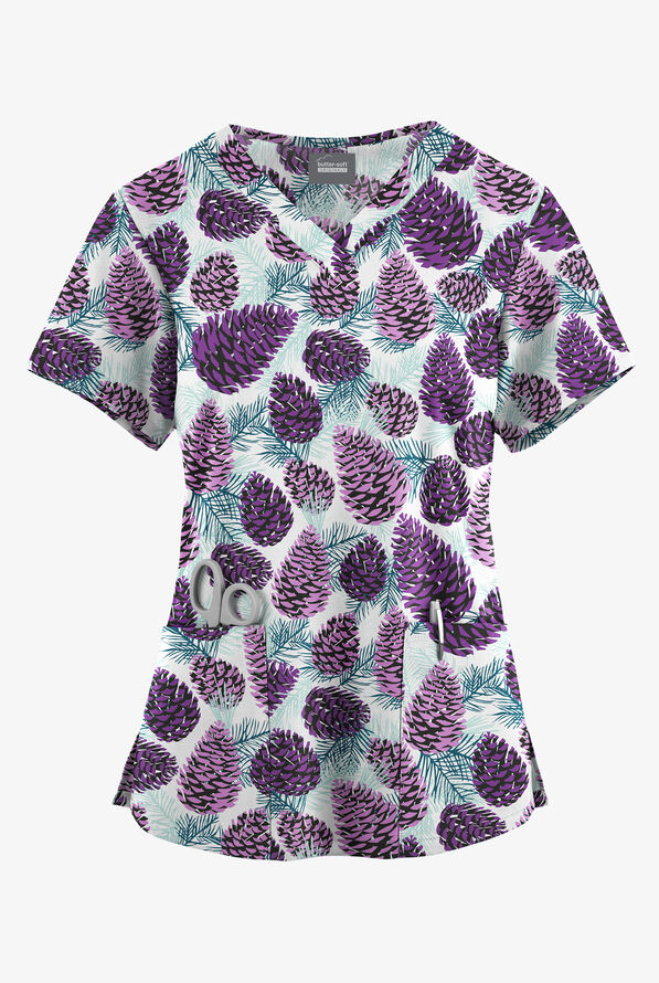  Butter-Soft Originals White Winter Pine Cones Women's 4-Pocket Rounded V-Neck Print Scrub Top - null - 1