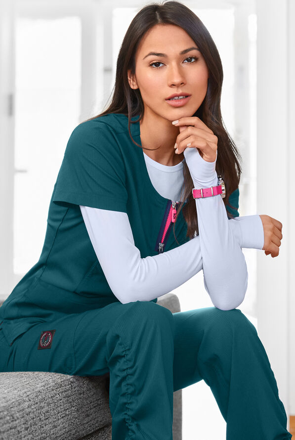 koi Lite&trade; Serenity Women's 4-Pocket Double Zipper Scrub Top - Caribbean Blue - 6