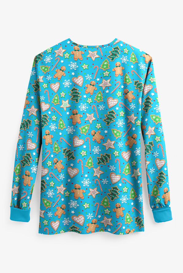 Butter-Soft Winter Treats Turquoise Women's 2-Pocket Warm Up Print Scrub Jacket - null - 2