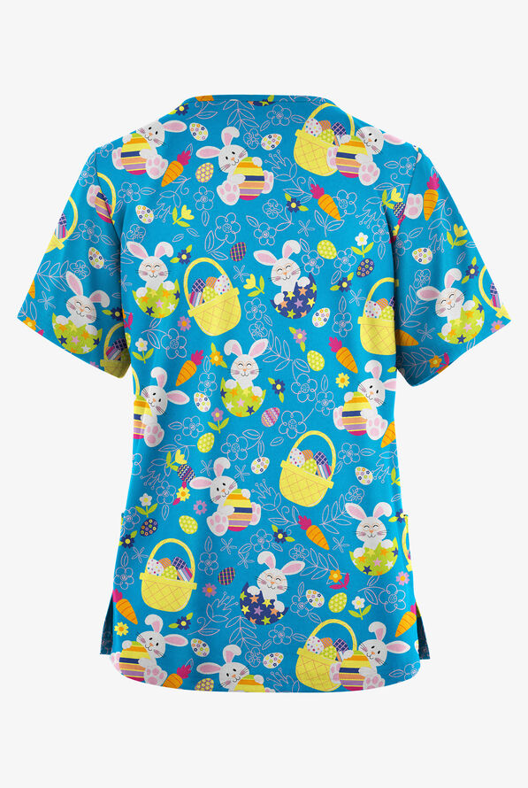 Butter-Soft Originals Easter Basket Turquoise Women's 2-Pocket V-Neck Print Scrub Top - null - 2