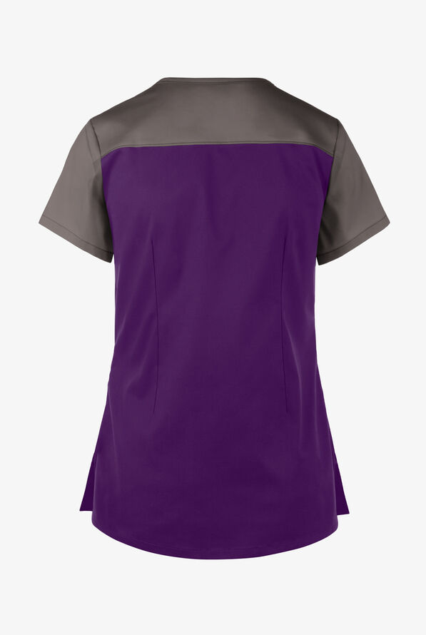 Butter-Soft STRETCH Women's 5-Pocket Asymmetric Scrub Top - Eggplant/Cool Grey - 3