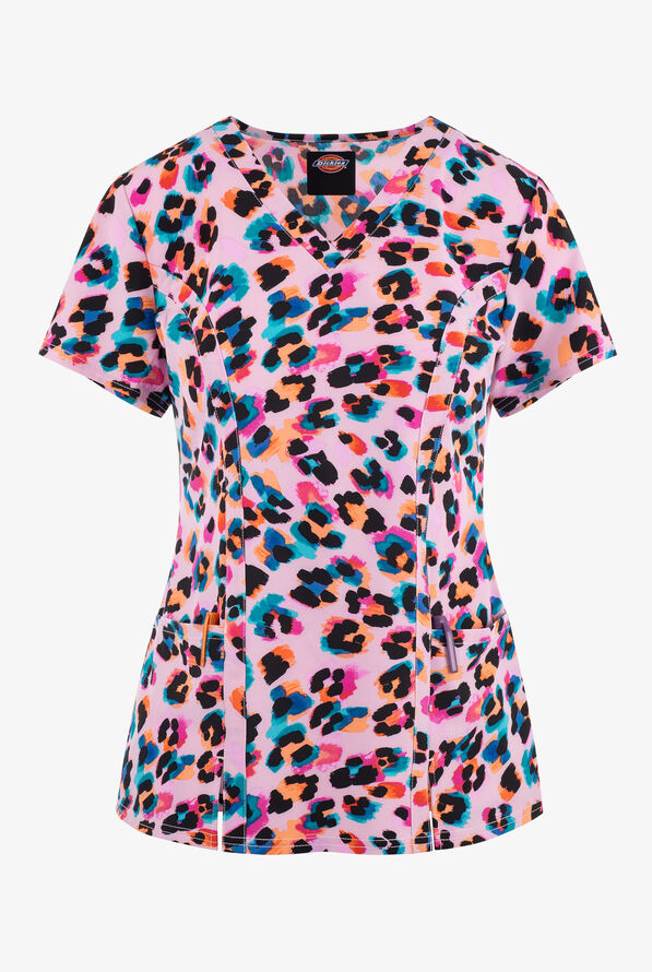 Blusa m&eacute;dica estampada Dickies EDS Wild Watercolor Cheetah STRETCH con cuello en V y 2 bolsillos para mujer - null - 1
