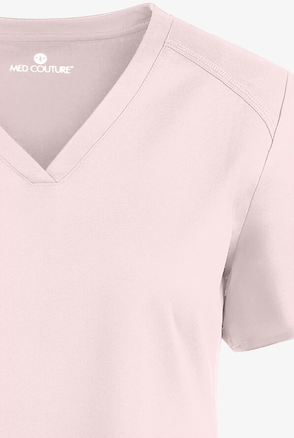 Med Couture Touch Women's 3-Pocket STRETCH Rib-Knit Side Panels Shirttail V-Neck Scrub Top - Ice Pink - 4