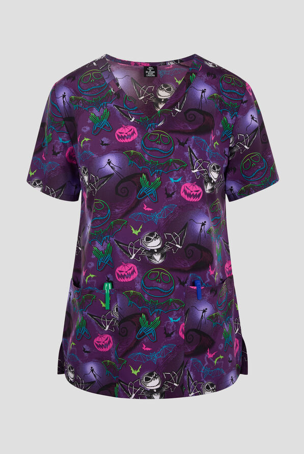 Tooniforms Disney's Ghost-like Charm Women's 2-Pocket STRETCH V-Neck Print Scrub Top - null - 1