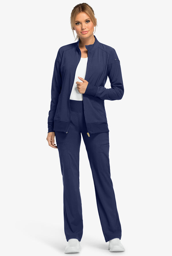 Cherokee iflex Women's 2-Pocket STRETCH Knit Panel Zip Front Scrub Jacket - Navy - 2